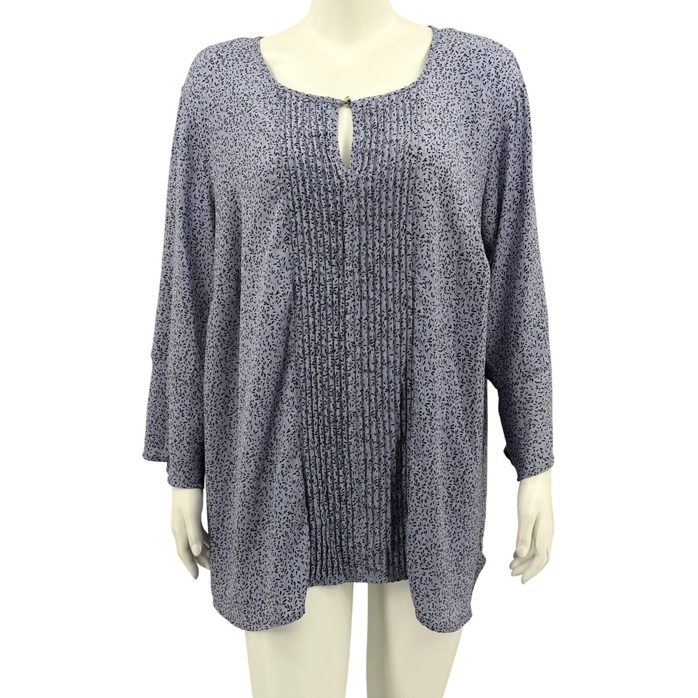Roz & Ali Top Womens 3X Purple Micro Leaf Print Pintuck Keyhole Boho Feminine